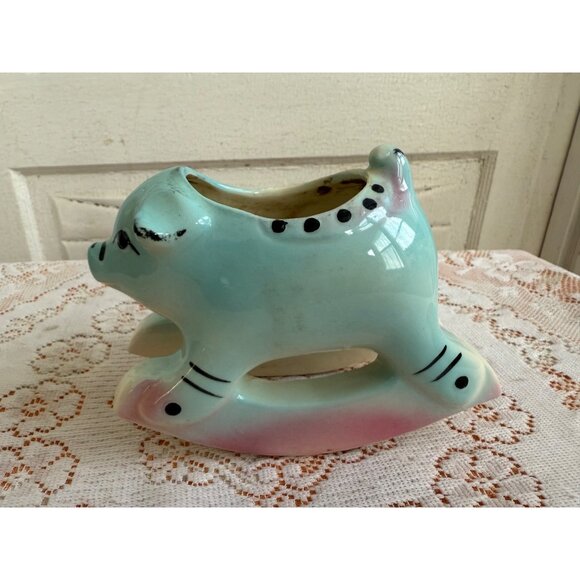 Vintage 50's Rocking Horse Pig Planter Blue Pink - Picture 3 of 11